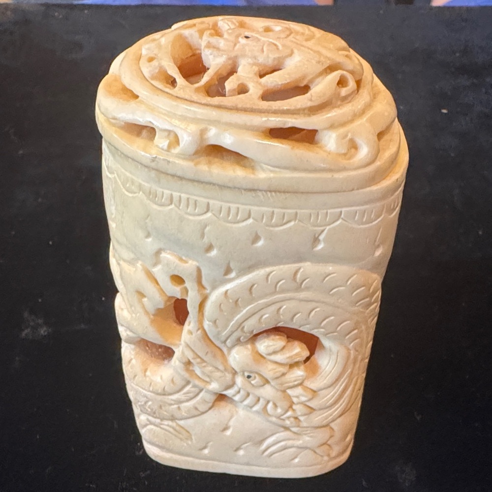 Vintage Openwork Carved Dragon Cricket Box with Hinged Lid